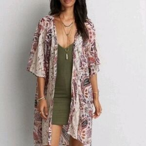 EUC American Eagle Bohemian Paisley & Lace Kimono Cardigan